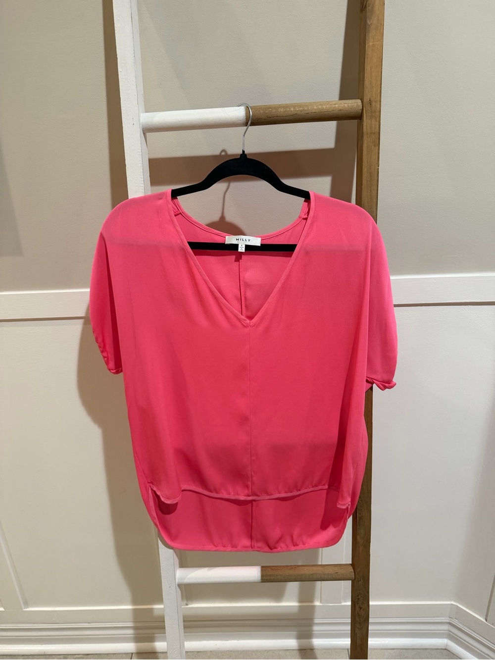 Milly Coral Pink V-Neck silk Short Sleeve Blouse